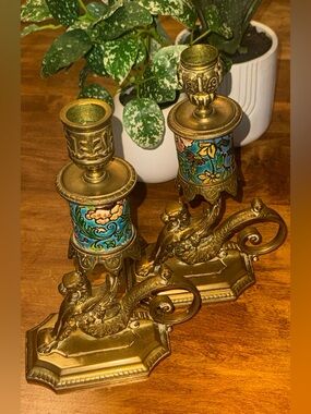 INCREDIBLE ART NOUVEAU ANTIQUE FRENCH LONGWY GRIFFIN CANDLEHOLDERS!!